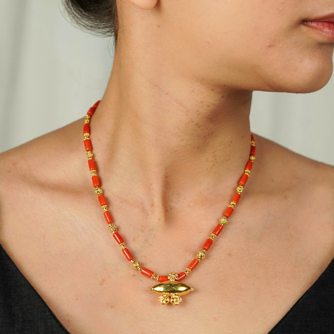 Tribal Necklace with Corals and Carved Beads | 92.5 Silver | 22K Gold Plated
