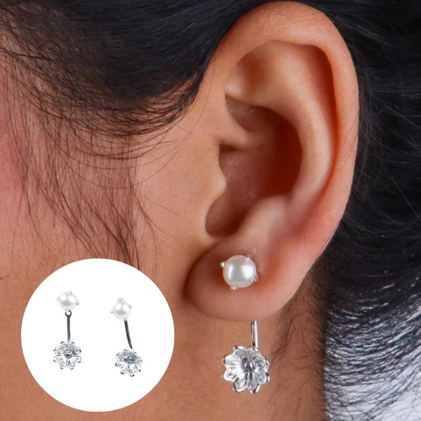 Pearl flower dangle earrings with silver accents