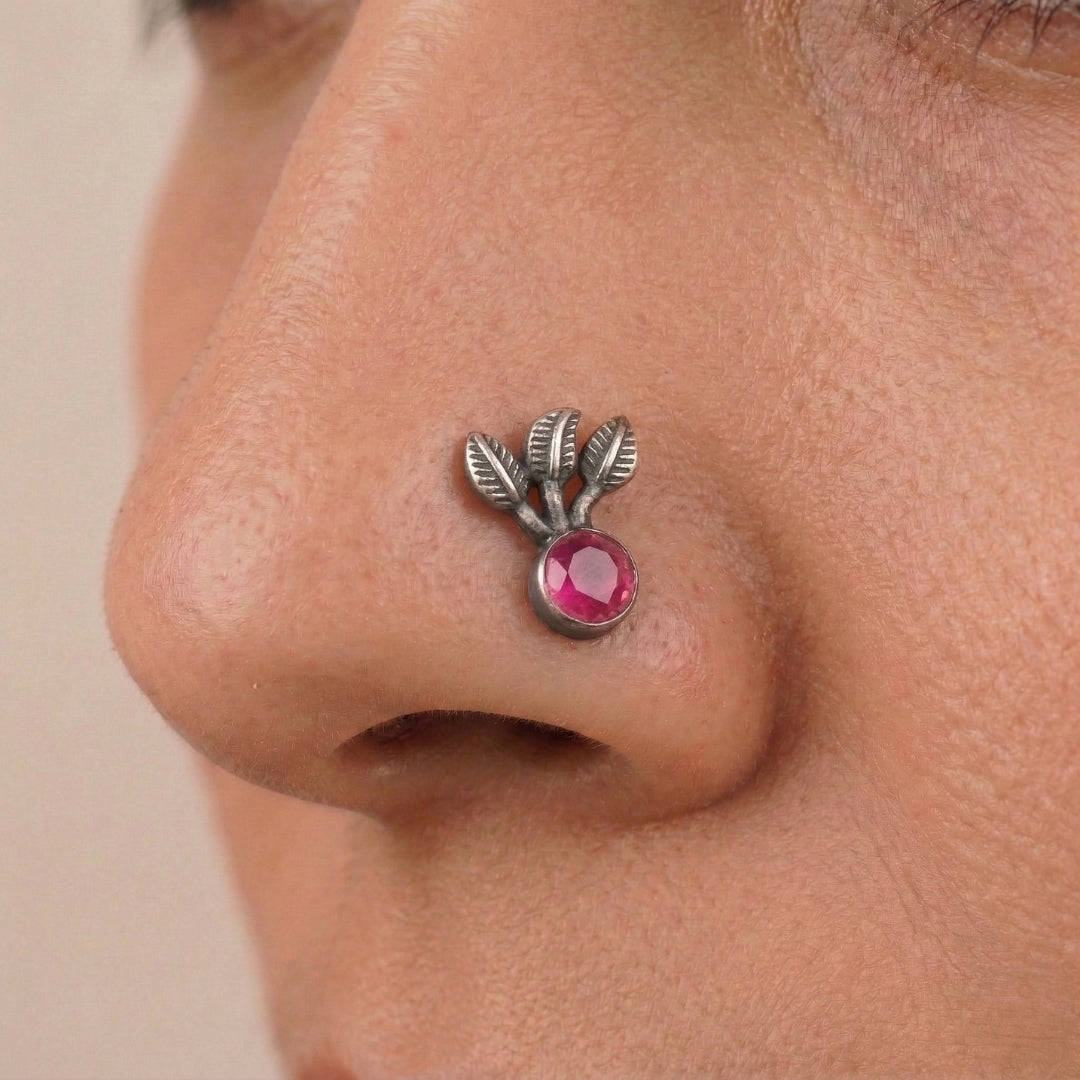 Oxidised Pink Petalfall Pierced Nose Pin (Large)