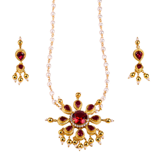 Silver Tanmani Pink Flower Pendant Set 22K Gold Plated front view