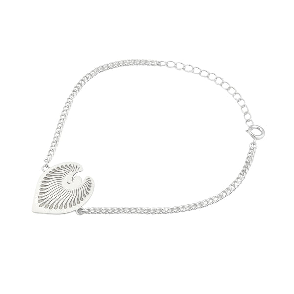 Silver Peacock Feather Bracelet front view in 92.5 sterling silver