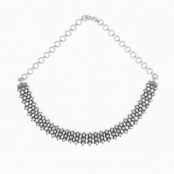 Silver oxidized two way choker necklace with beaded design, reversible for versatile style