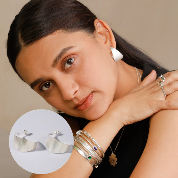 Alisha Hoops -  Fold Earrings ( Shiny Silver Finish )