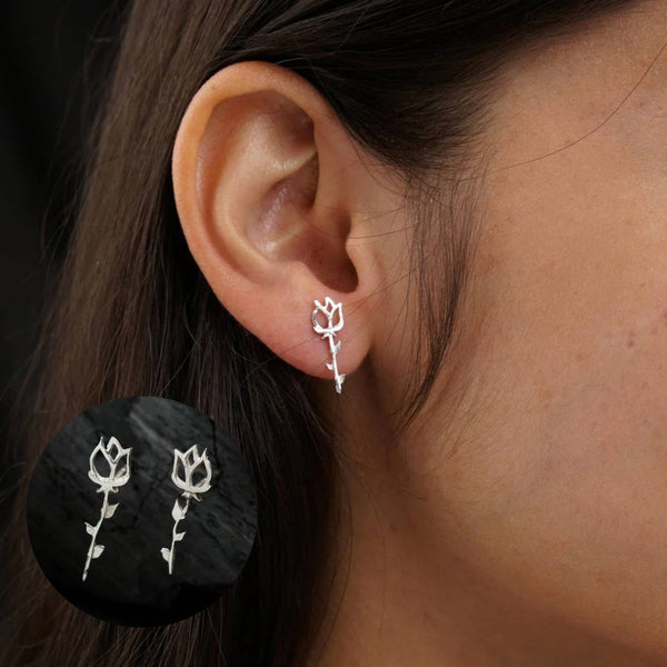 Handcrafted silver rose earrings polished finish