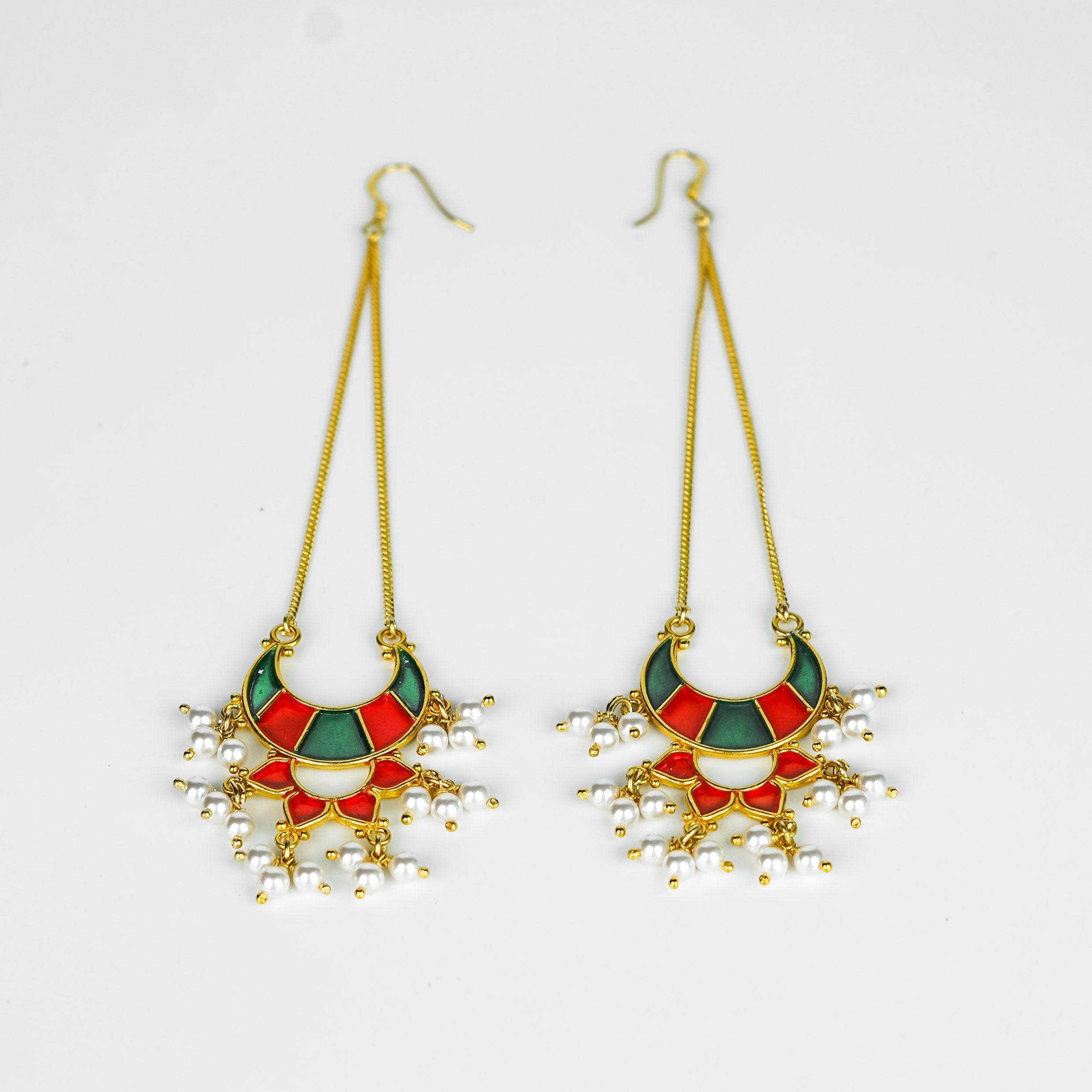 Silver Long Earrings with Meena and Pearls | 92.5 Silver | 22K Gold Plated