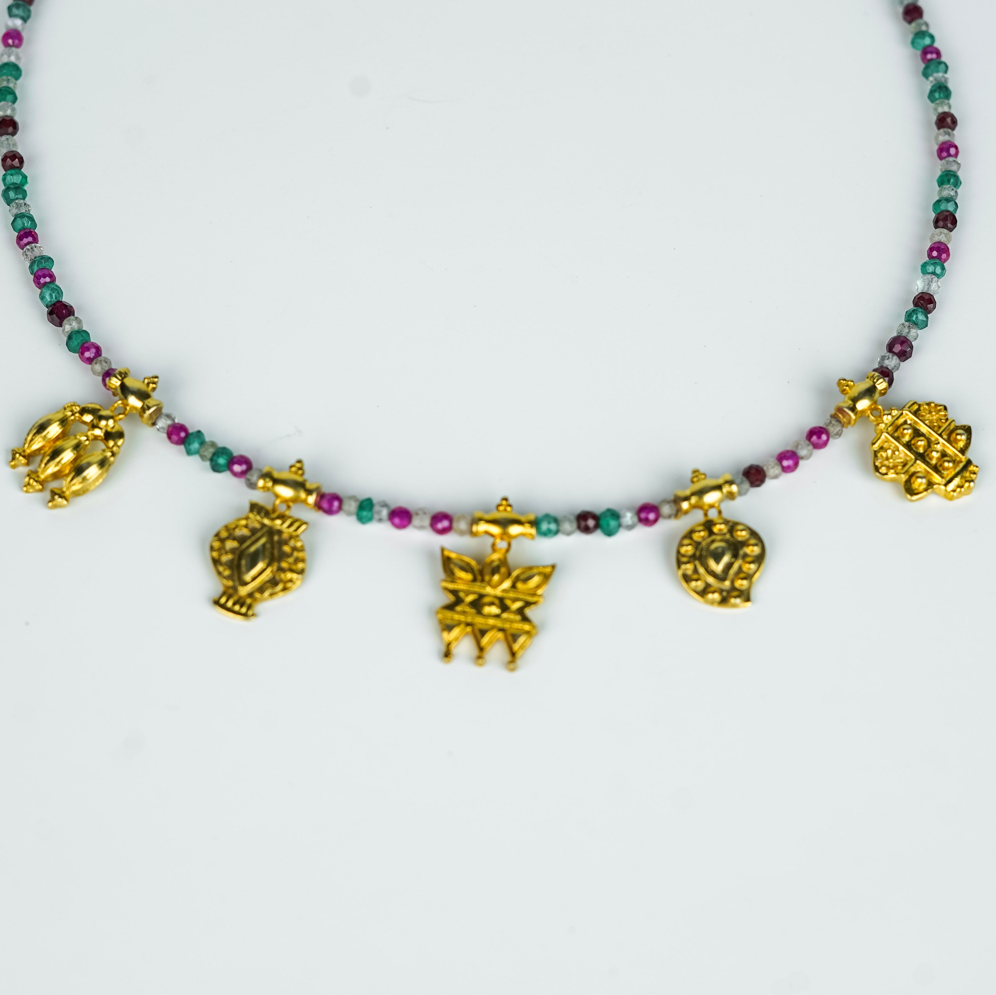 Multicharm Necklace with multi colour stones (big) | 92.5 Silver | 22K Gold Plated