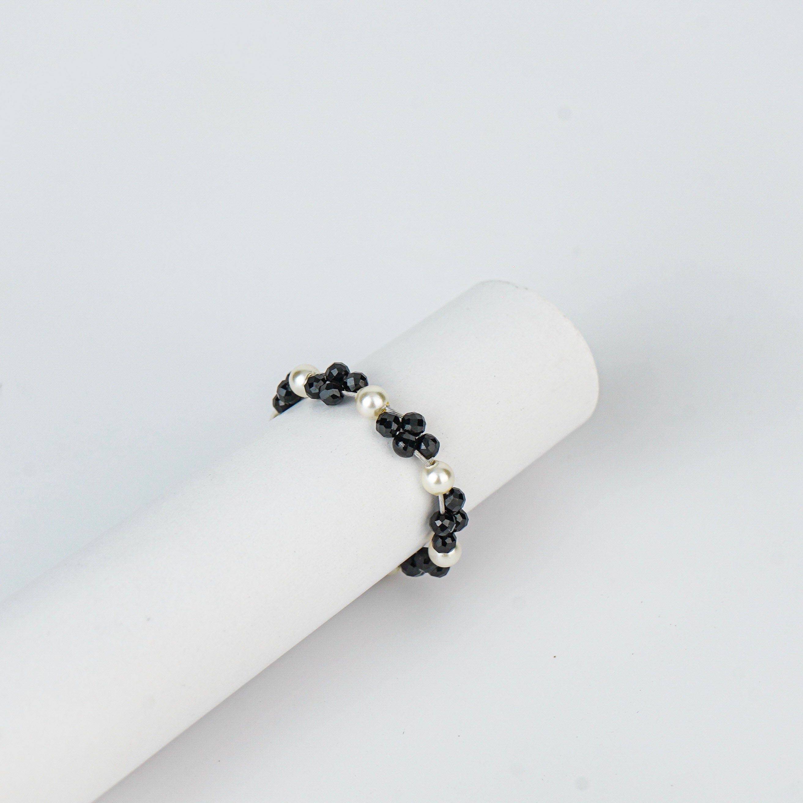 Silver Pearl Ring with Black Spinel