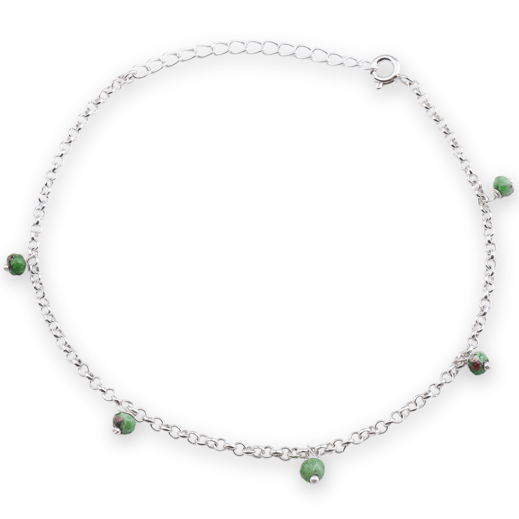 Silver anklet with green beads