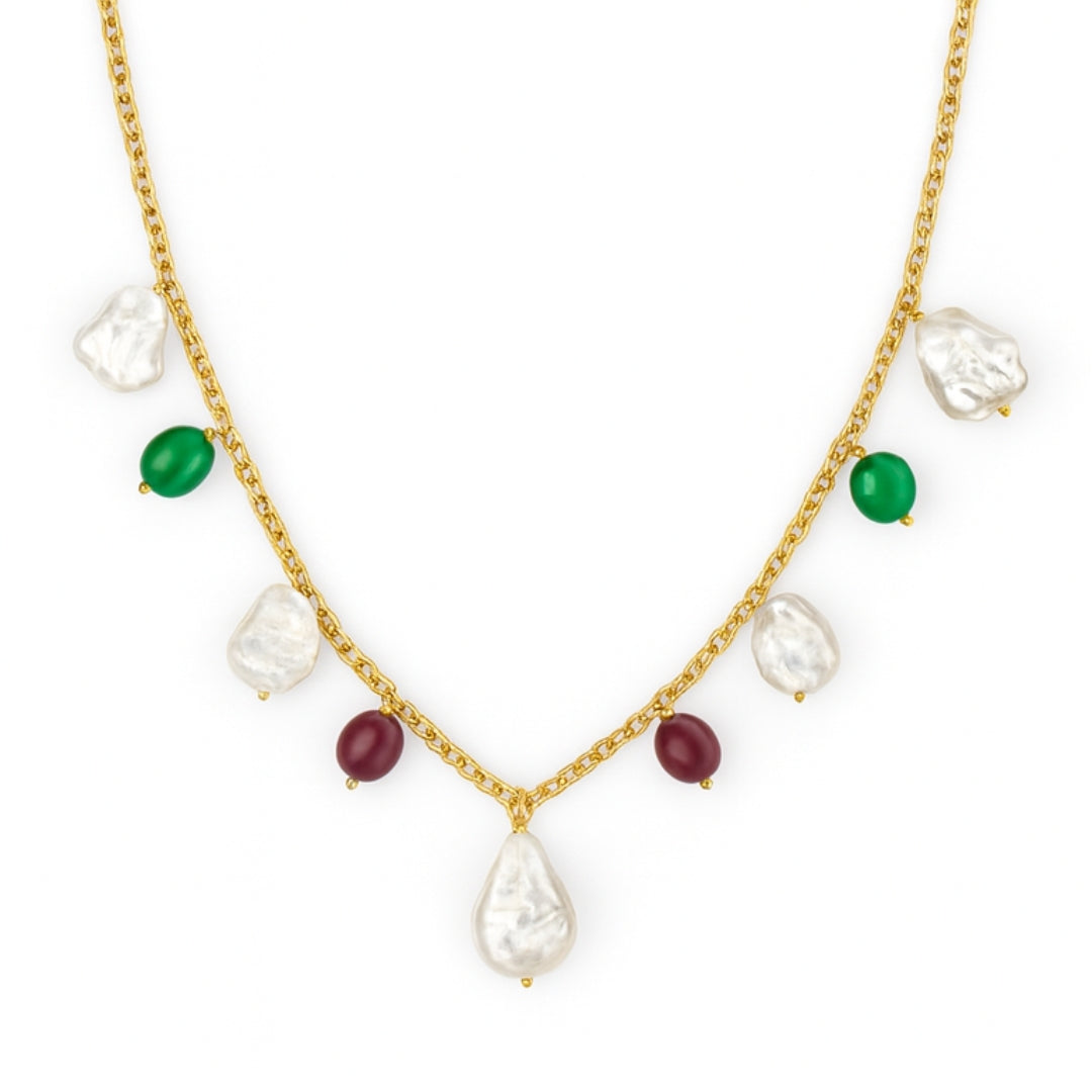 Silver Ruby, Green Onyx and Boroque Pearl Chain | 92.5 Silver | 22K Gold Plated