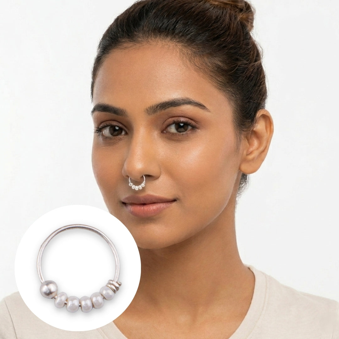 Silver Septum Cum Nose Ring with White Bead (Pierced)