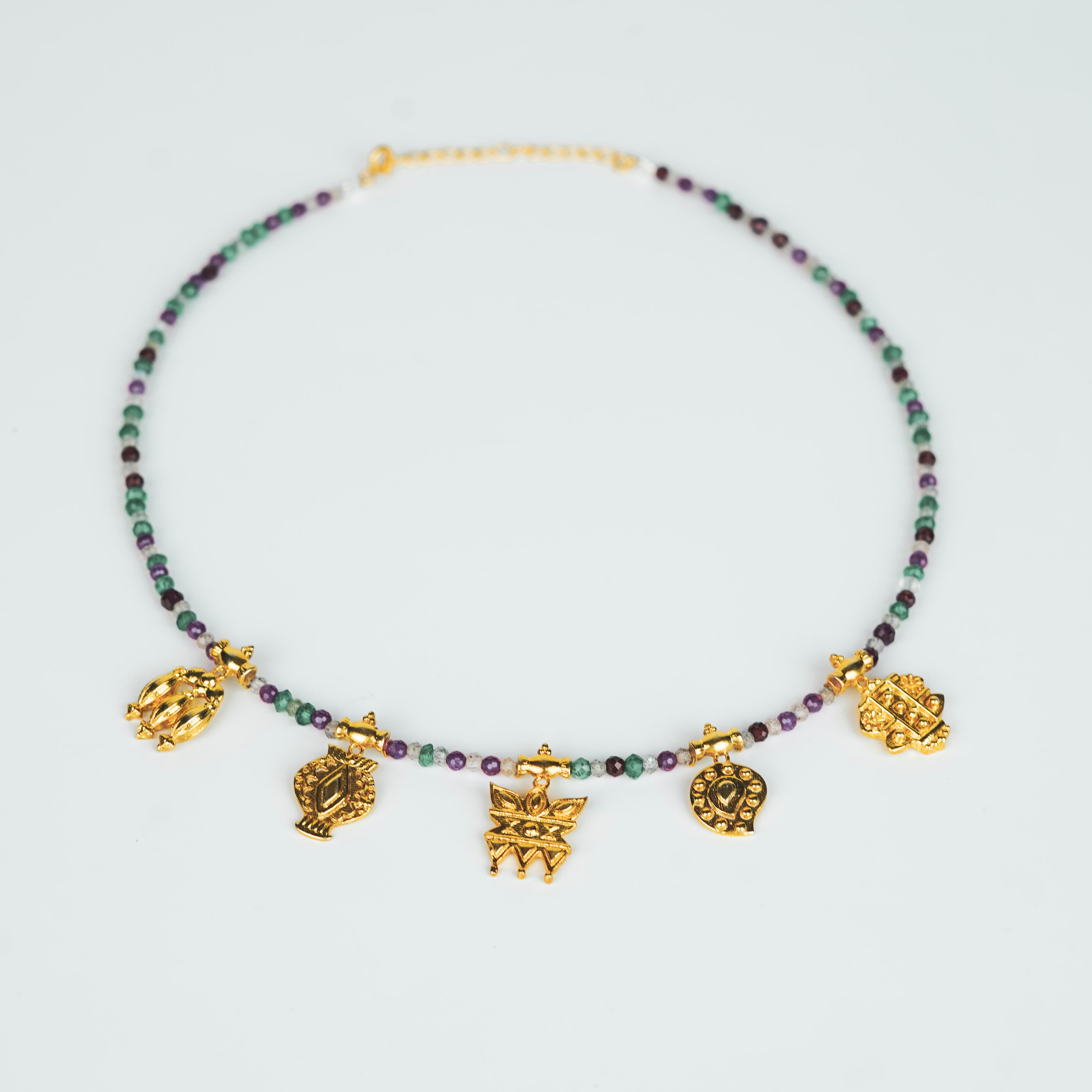 Multicharm Necklace with multi colour stones (big) | 92.5 Silver | 22K Gold Plated