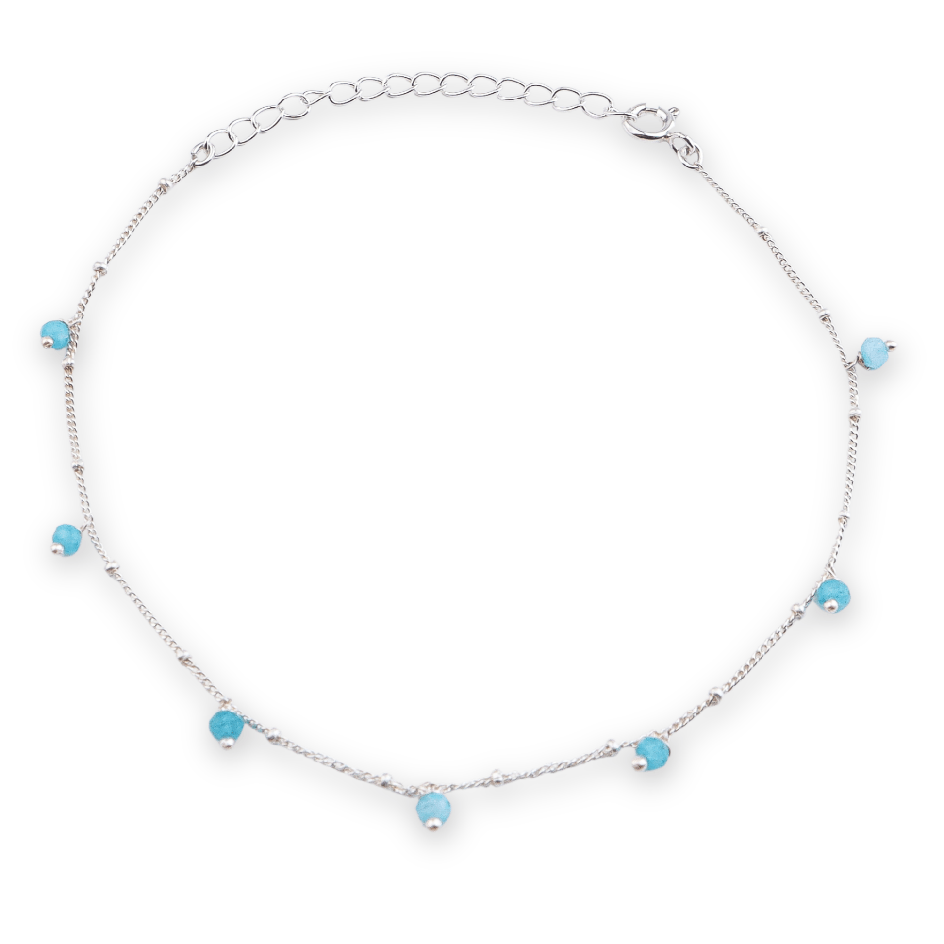 Blue Jade silver anklet with delicate chain and small blue beads