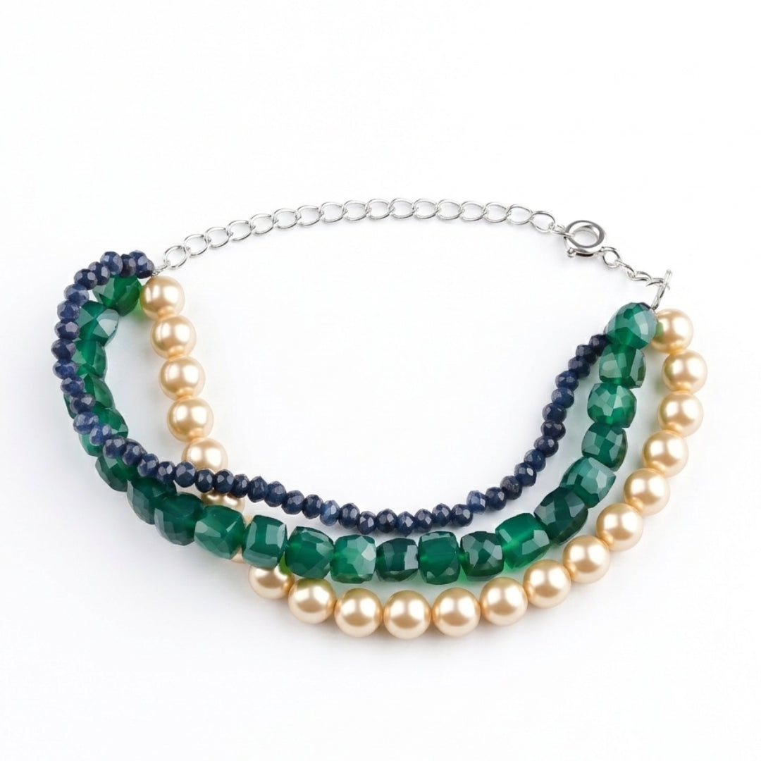Green Onyx, Blue Jade & Pearl Silver Bracelet (Project Handmade)