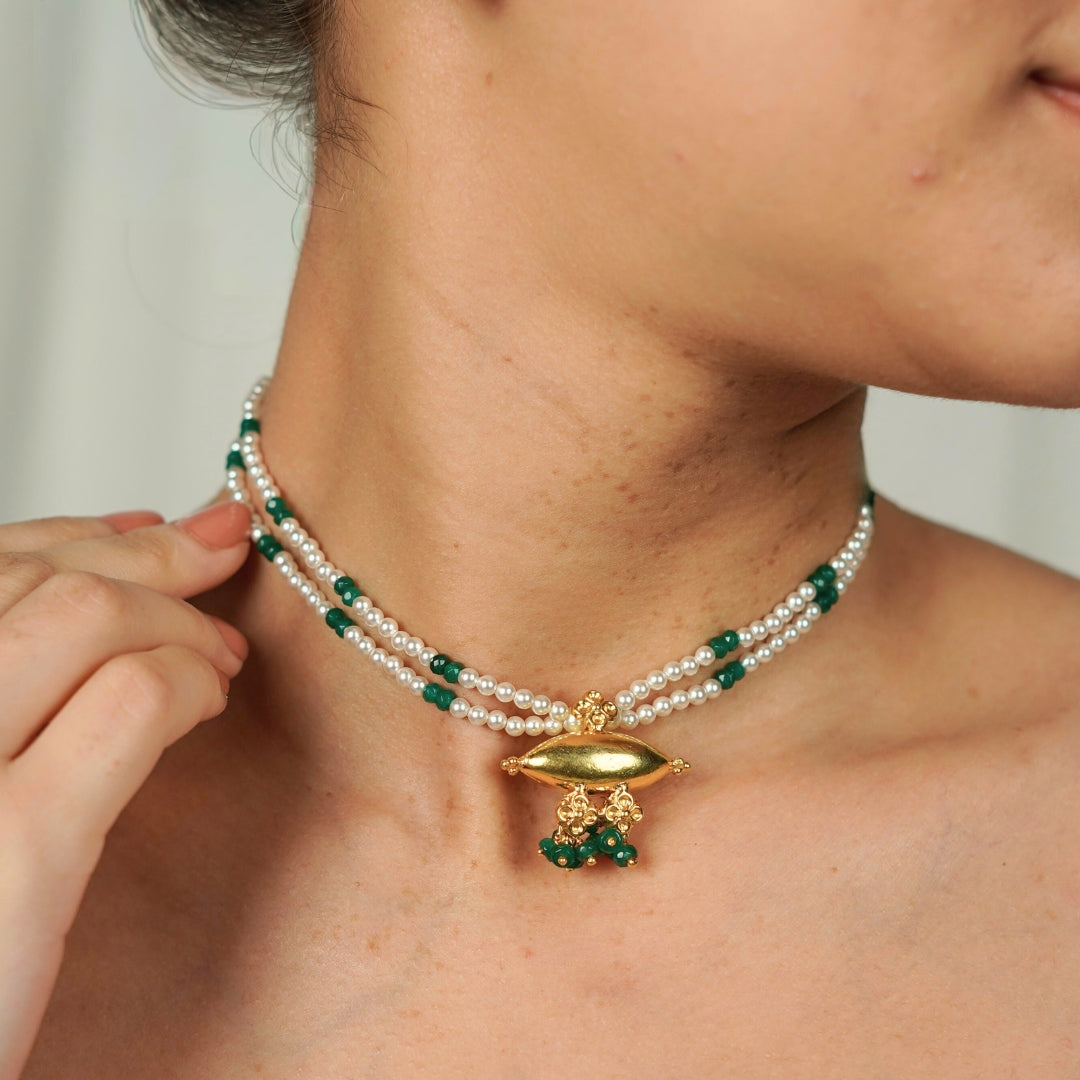 Tribal Choker with Green Onyx and Pearl | 92.5 Silver | 22K Gold Plated