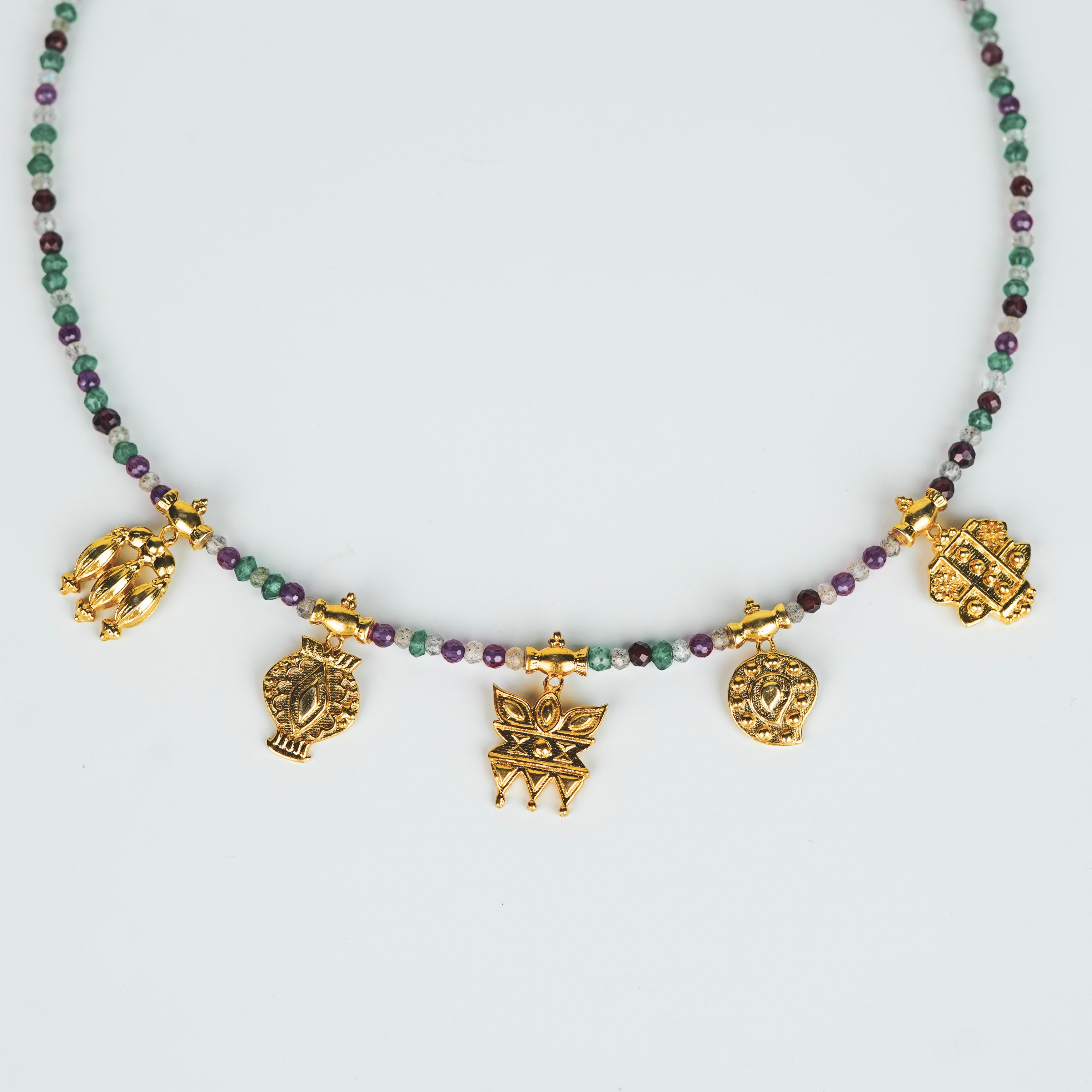 Multicharm Necklace with multi colour stones (big) | 92.5 Silver | 22K Gold Plated