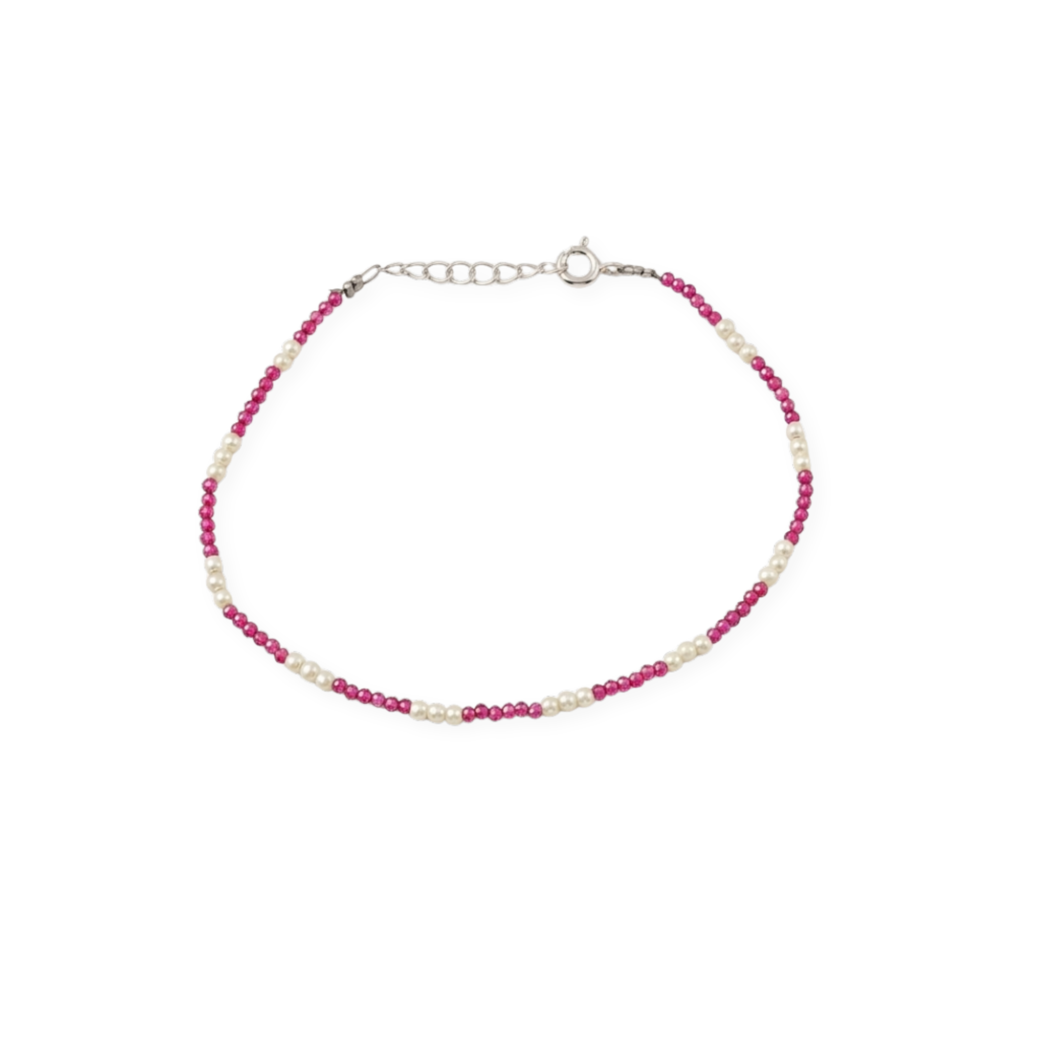 Semi precious stone bracelet in silver wire ( Lab made rubies and pearls )