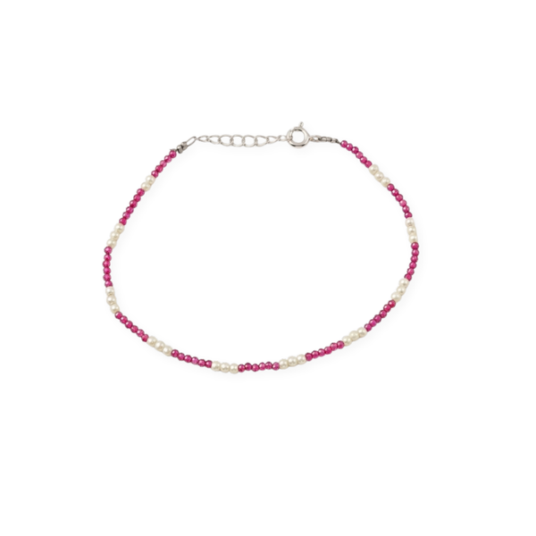 Semi precious stone bracelet in silver wire ( Lab made rubies and pearls )