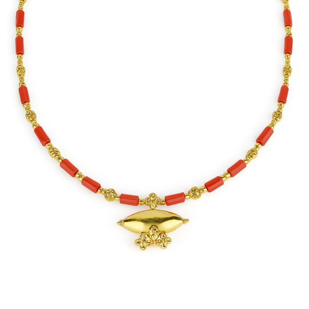 Tribal Necklace with Corals and Carved Beads | 92.5 Silver | 22K Gold Plated