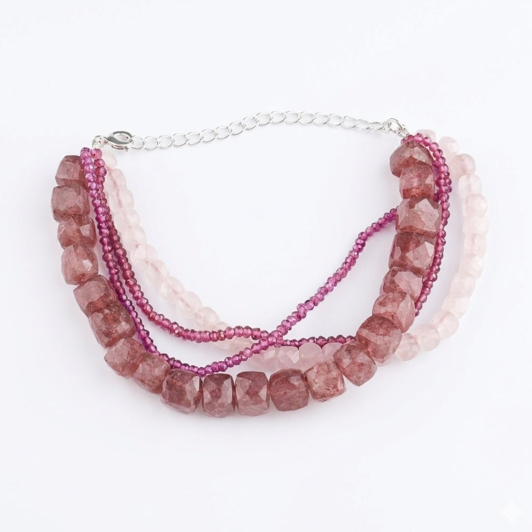Strawberry Quartz, Rose Quartz & Lab Grown Ruby Silver Bracelet (Project Handmade)