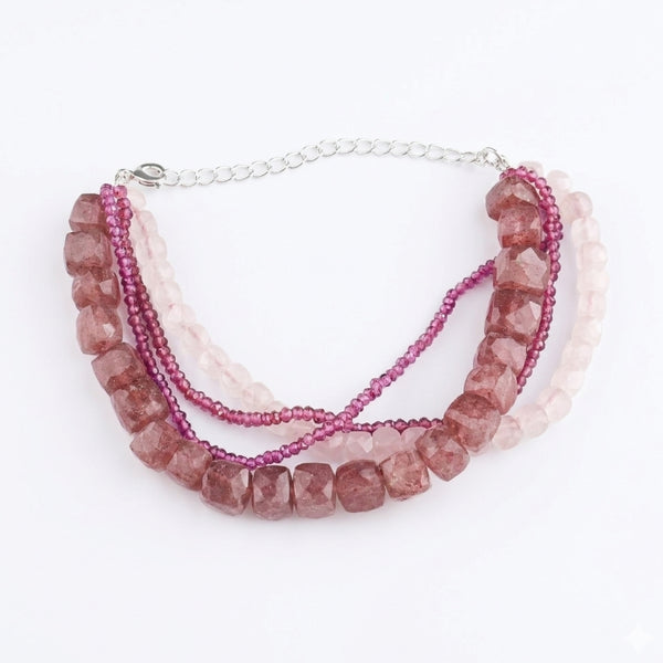 Strawberry Quartz, Rose Quartz & Lab Grown Ruby Silver Bracelet (Project Handmade)