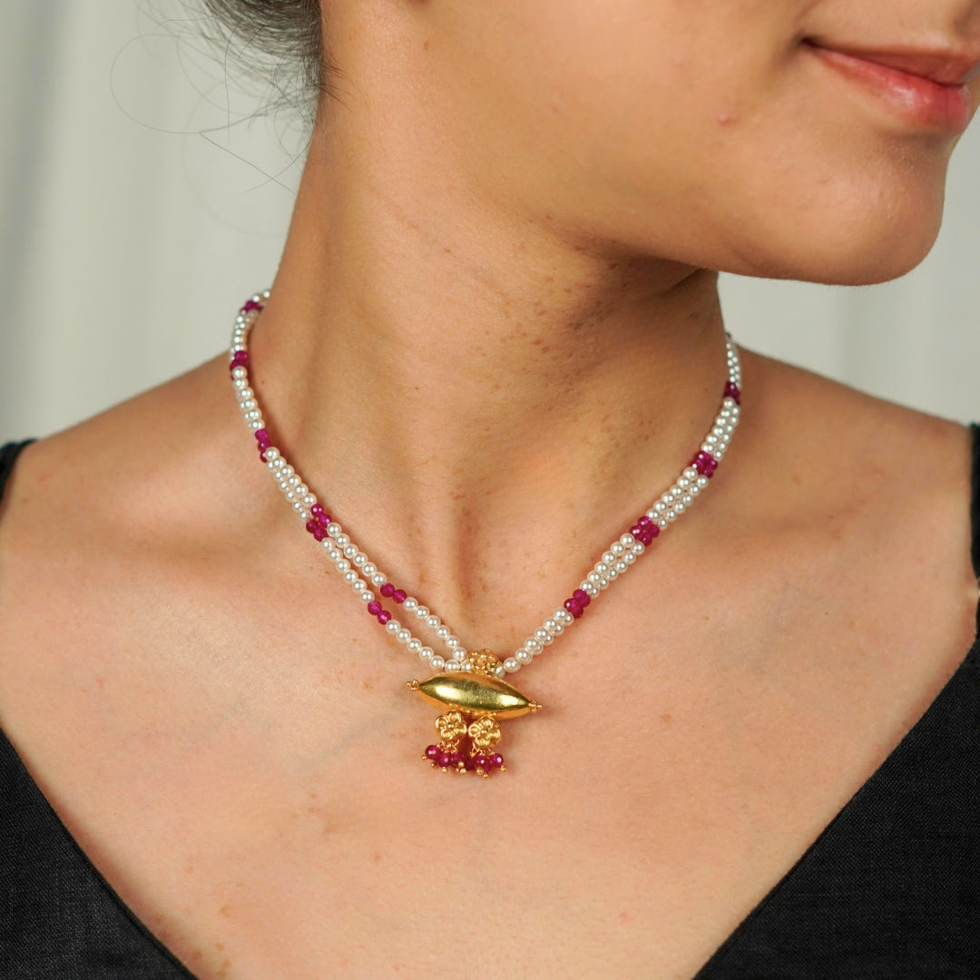 Tribal Choker with Ruby and Pearl | 92.5 Silver | 22K Gold Plated