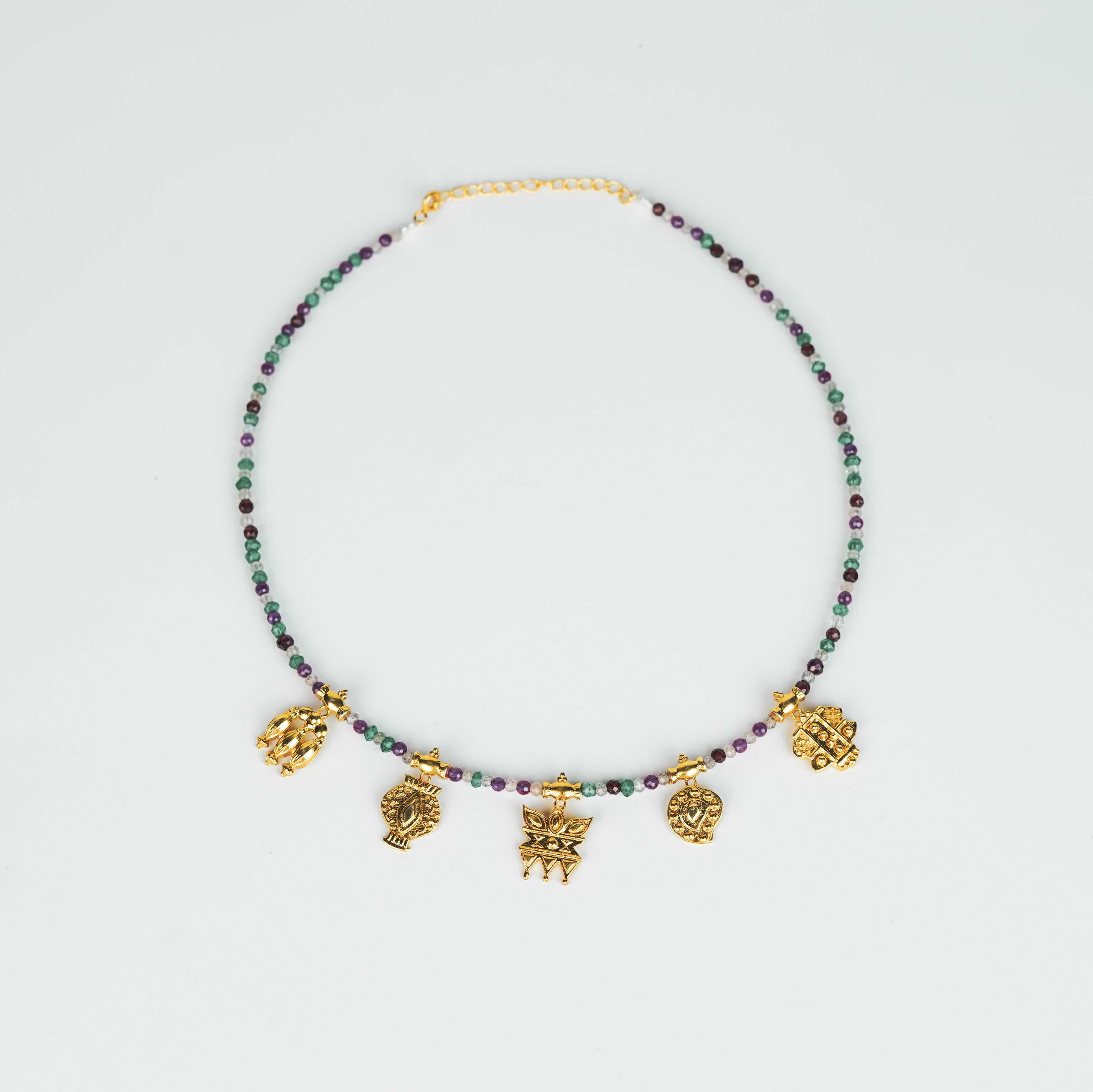 Multicharm Necklace with multi colour stones (big) | 92.5 Silver | 22K Gold Plated
