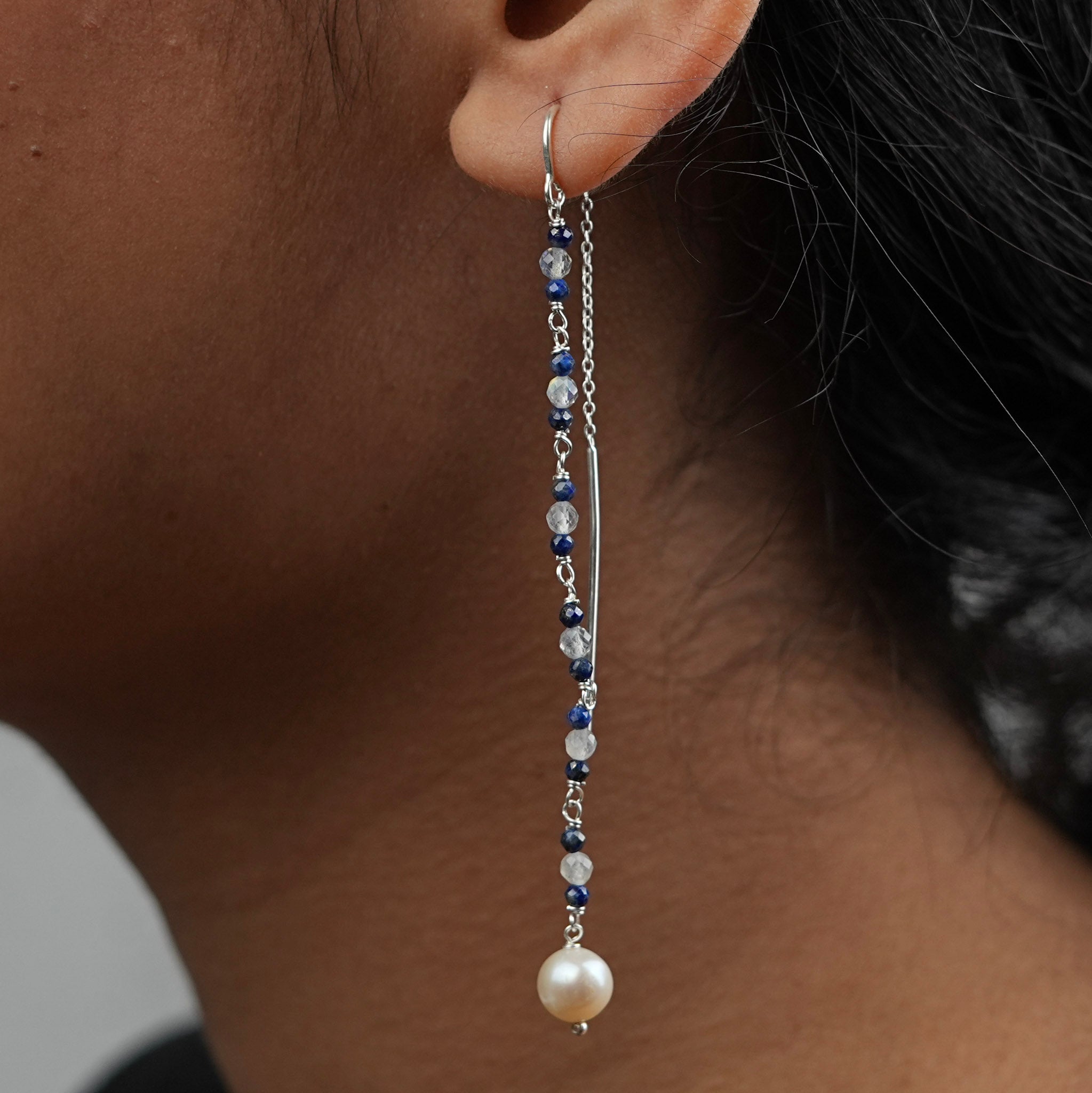 Labradorite, Lapis & Pearl Ganthan Sui Dhaga Earrings (Project Handmade)