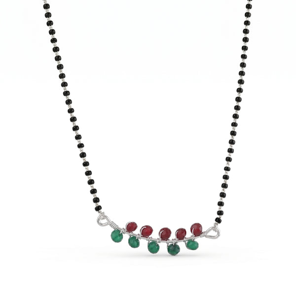 Green & Maroon Jade Wrapped Silver Mangalsutra (Project Handmade)