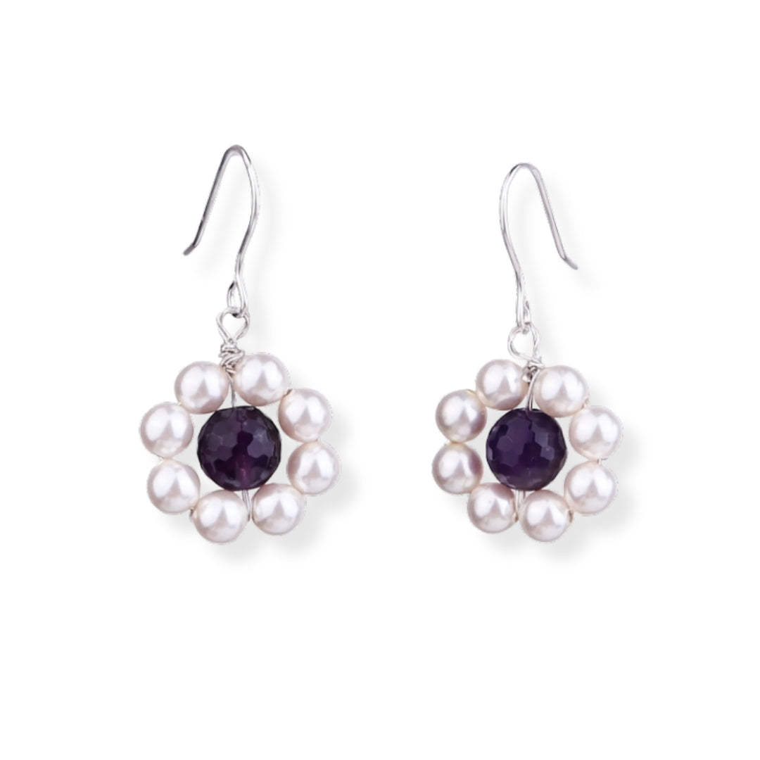 Purple Agate & Pearl Silver Earrings (Project Handmade)