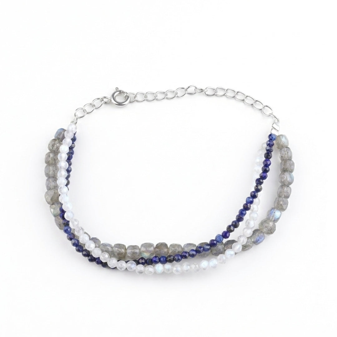 Labradorite, Moonstone & Lapis Lazuli Silver Bracelet (Project Handmade)