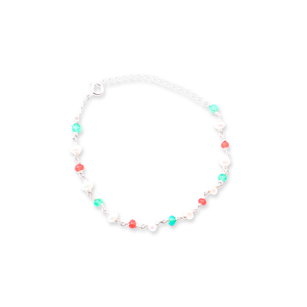 Silver Ganthan Bracelet with Rubies, Green Onyx & Freshwater Pearls