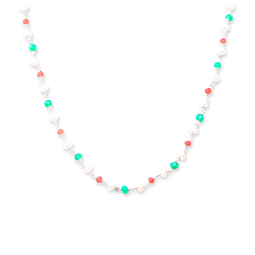 Colorful beaded necklace with pearls, rubies, and green onyx for women