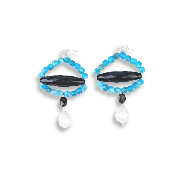 Black Spinel, Blue Jade & Pearl Silver Earrings (Project Handmade)