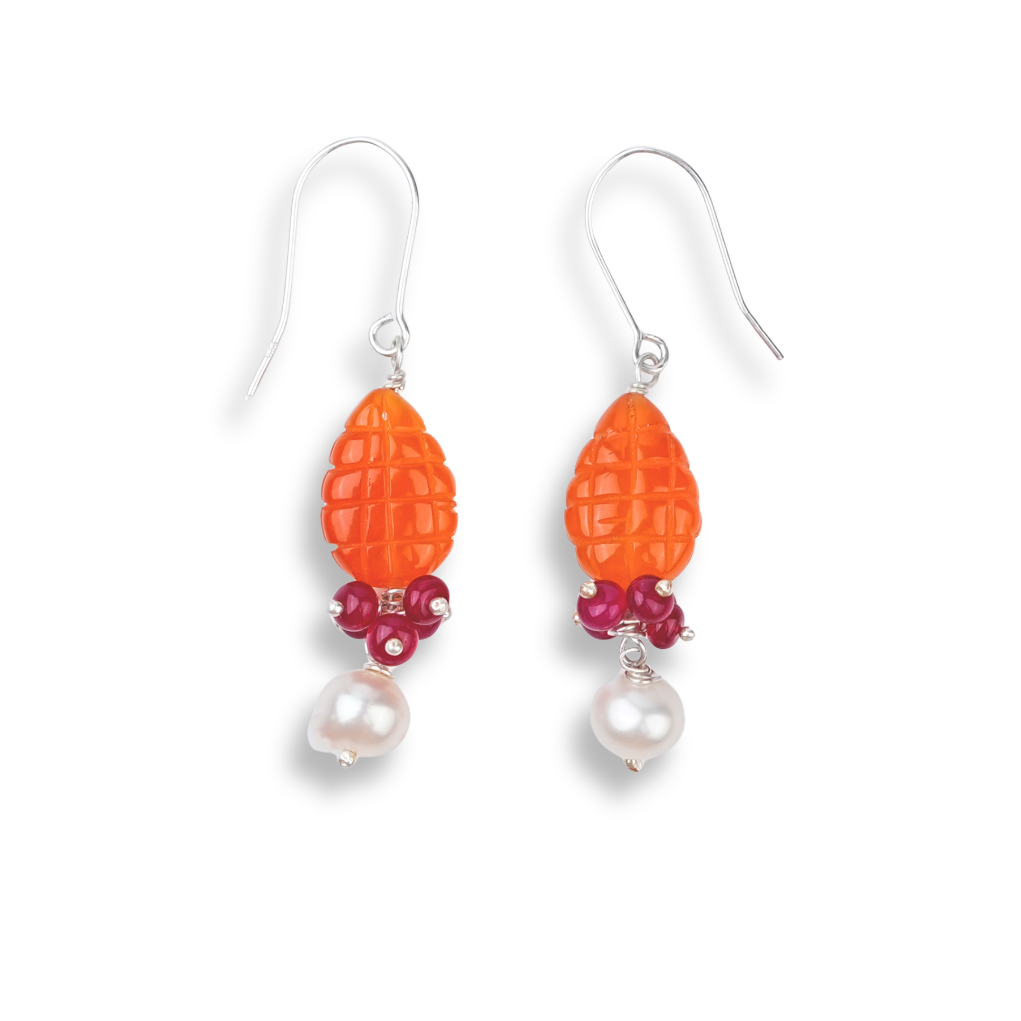 Carnelian Drop, Rubies & Pearl Silver Earrings (Project Handmade)