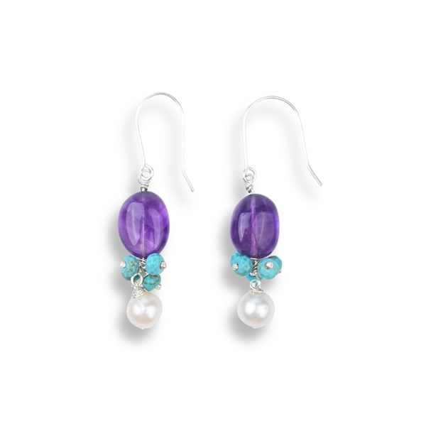 Amethyst, Turquoise Bunch & Pearl Silver Earrings (Project Handmade)