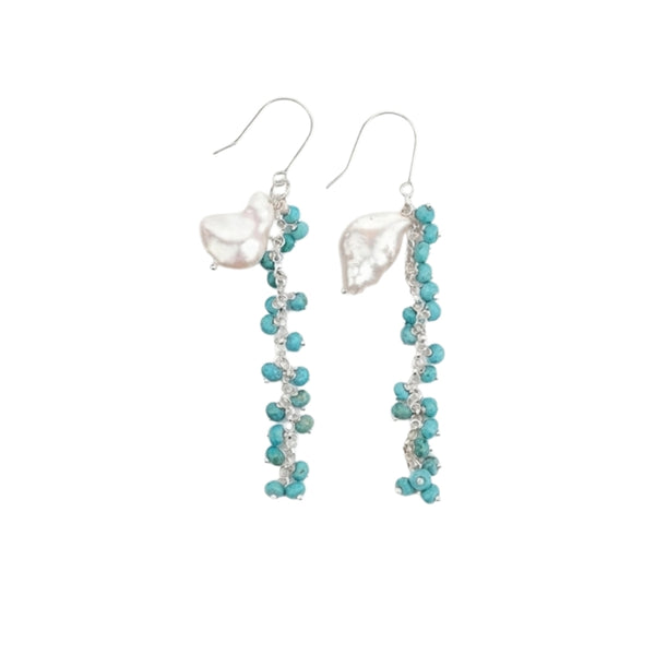 Flat Pearl & Turqouise Vine Earrings (Project Handmade)