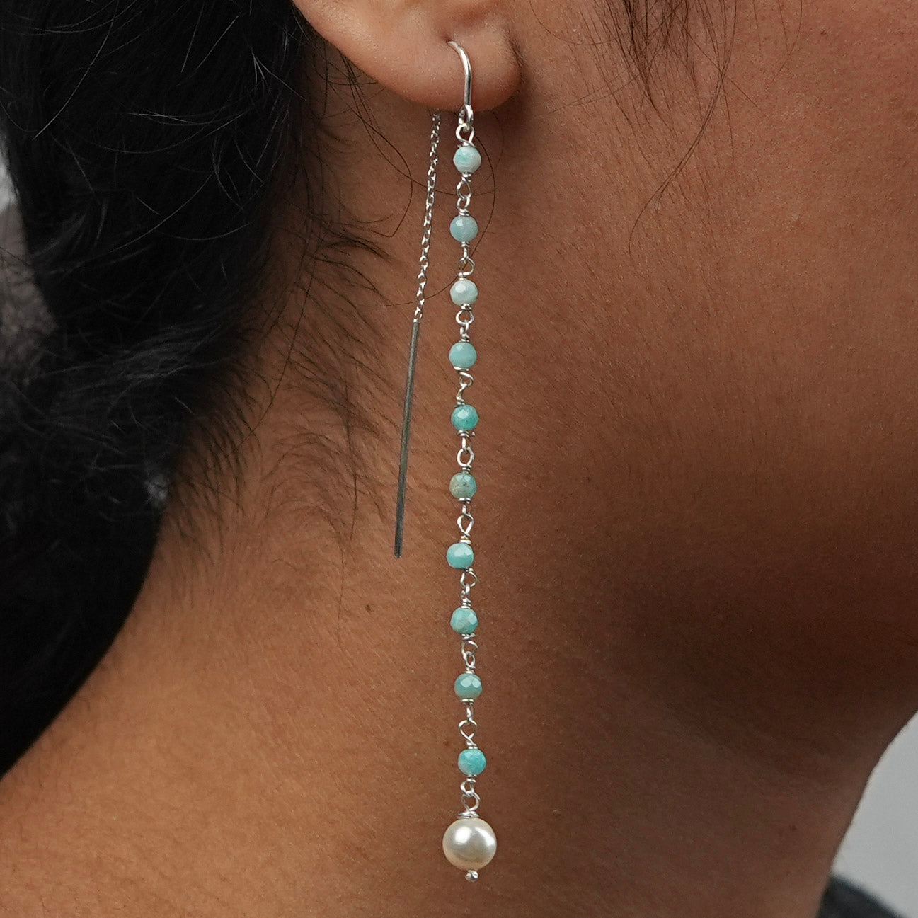 Blue Firoza & Pearl Ganthan Sui Dhaga Earrings (Project Handmade)