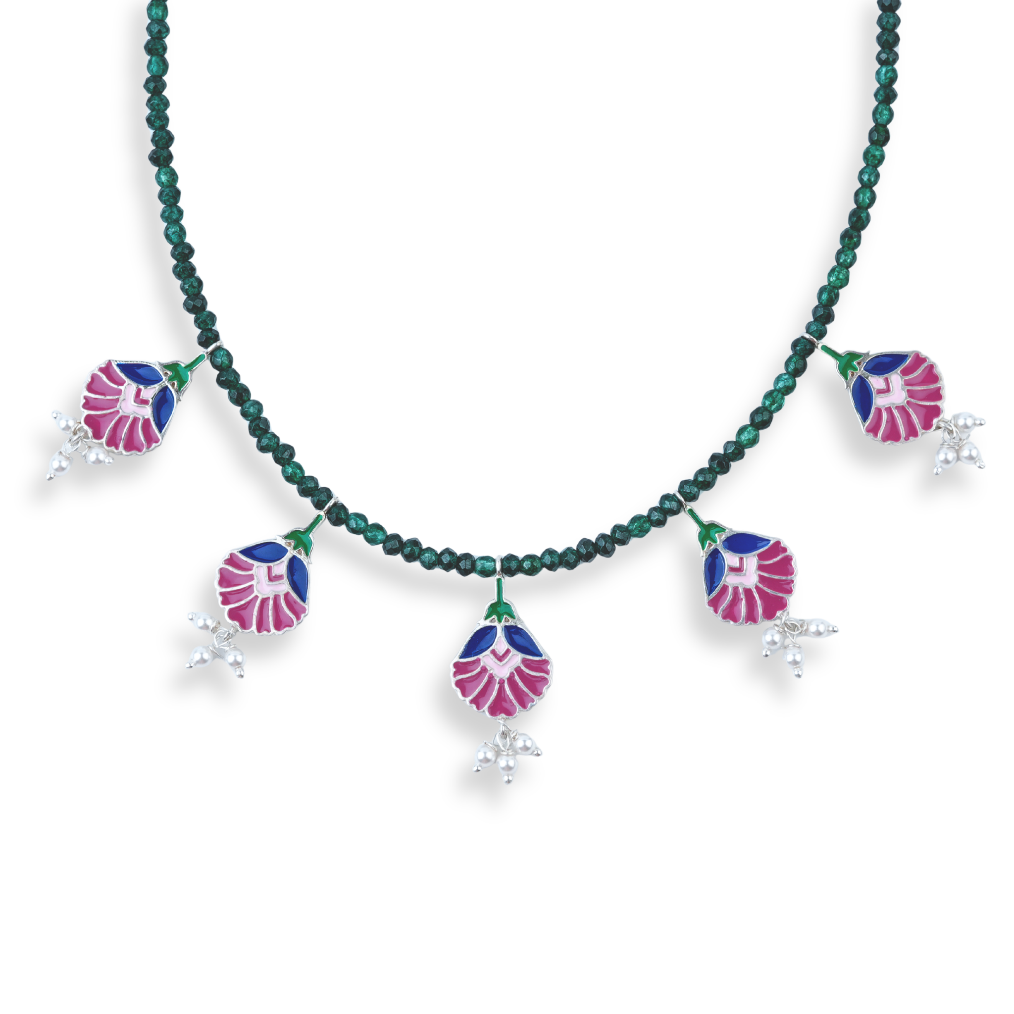 Rose Enamel Flower Charm Necklace with Green Onyx