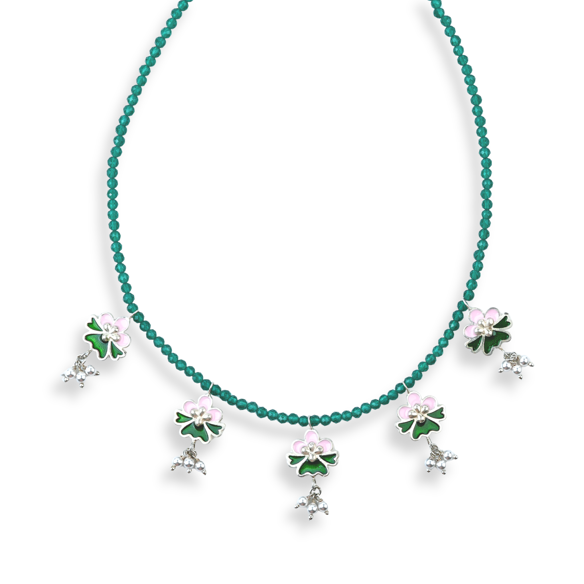 Pink & Green Enamel Charm Necklace with Green Onyx