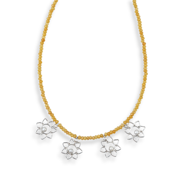 Flower & Pearl Charm Necklace with Yellow Jade