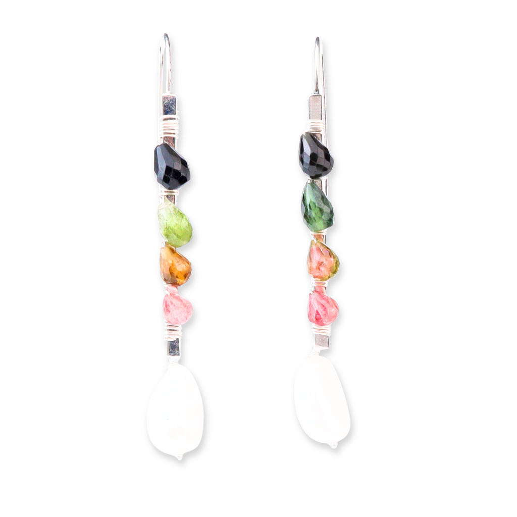 Silver multicolour stone earrings with pearl drop for jewelry