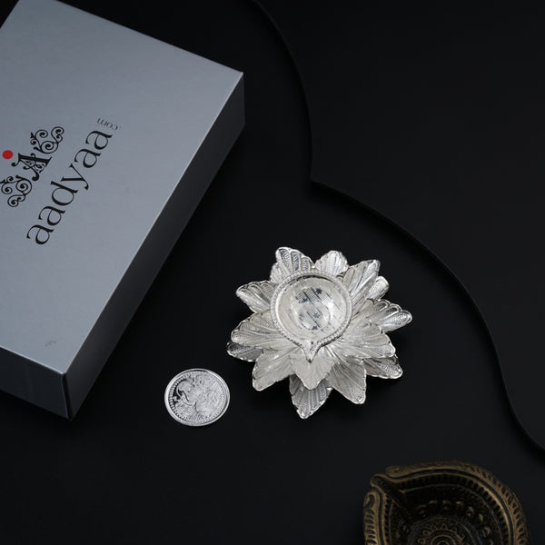 Silver diya and coin gift set in decorative box