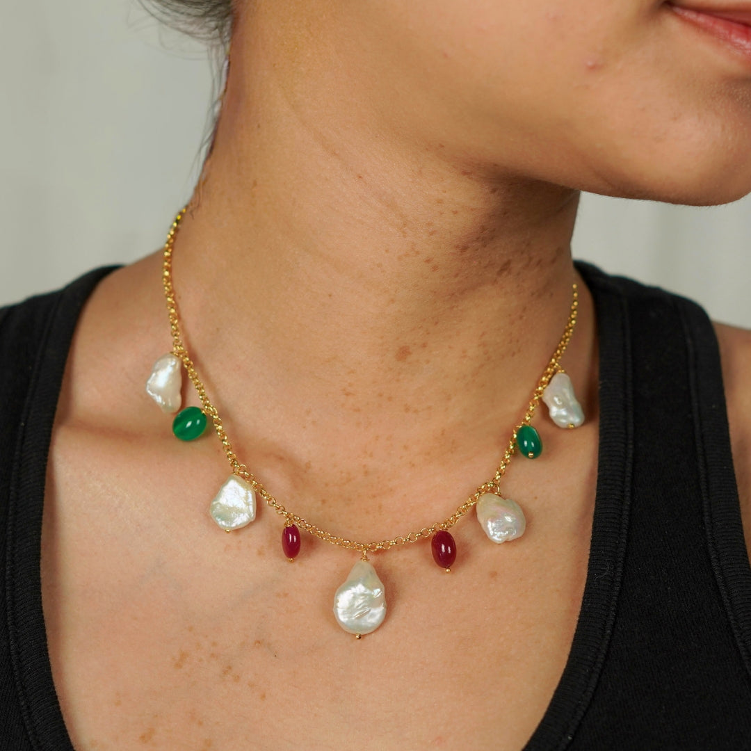 Silver Ruby, Green Onyx and Boroque Pearl Chain | 92.5 Silver | 22K Gold Plated