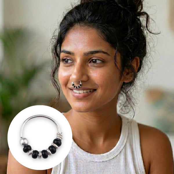 Silver Septum Cum Nose Ring with Black Bead (Pierced)