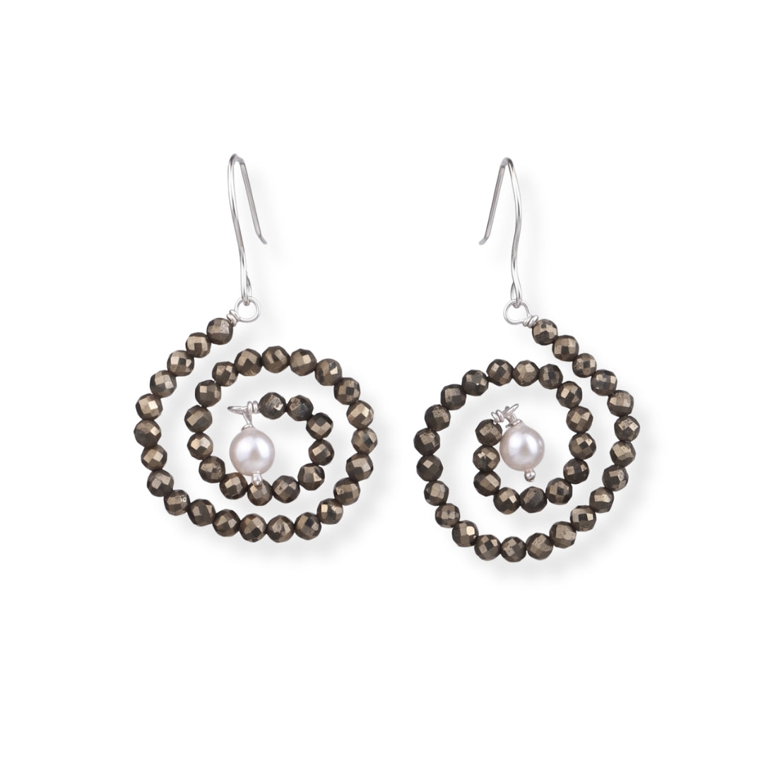 Pyrite & Pearl Silver Earrings (Project Handmade)