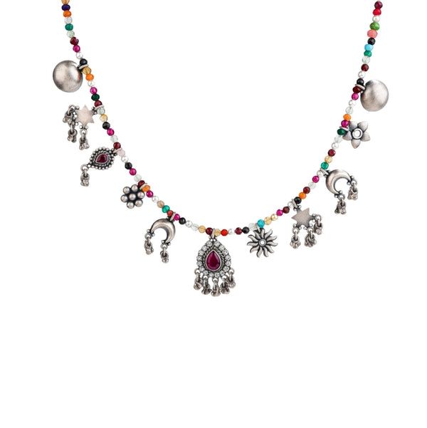 Silver charms motifs necklace with multicolour semi precious stones