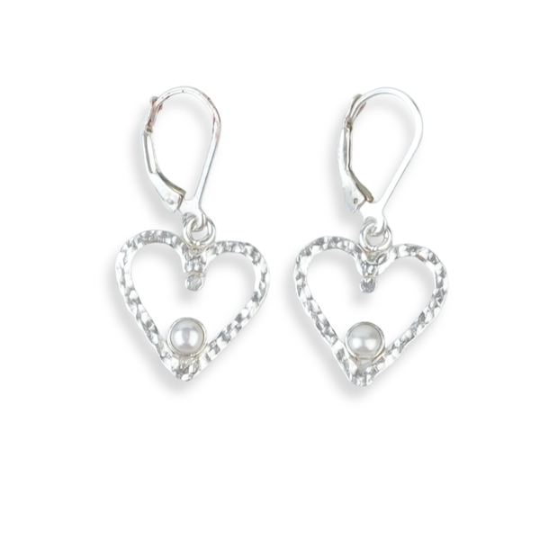 Silver Hammered Heart & Pearl Dangle Earrings
