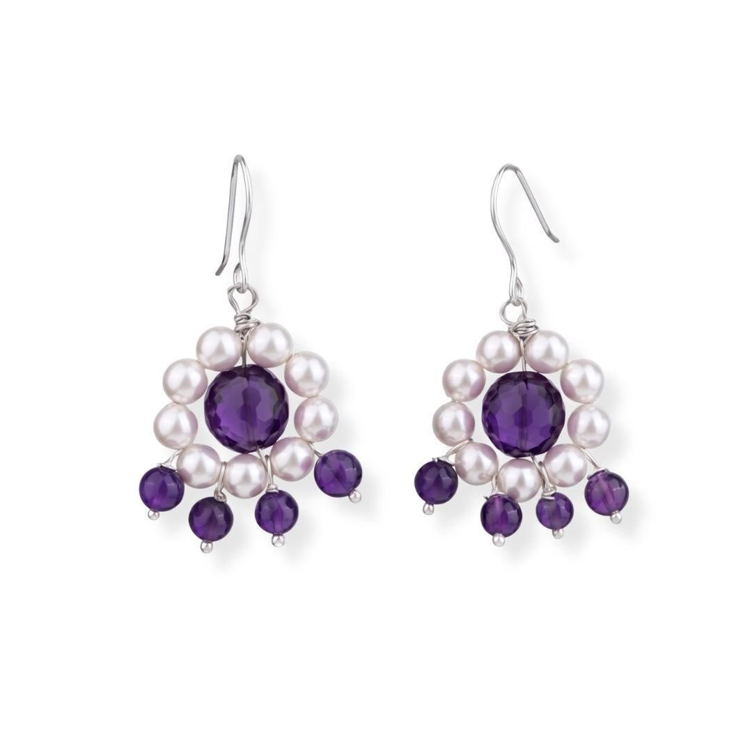 Purple Agate, Amethyst & Pearl Silver Earrings (Project Handmade)