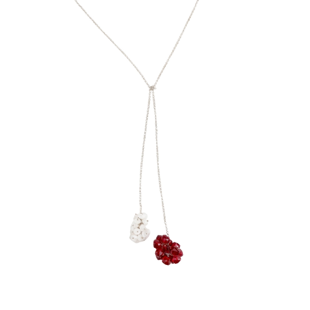 Silver tie and wear necklace with ruby and crystal clusters