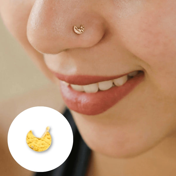 Silver Tiny Hammered Chandrakor Nose Pin – Pierced | 22K Gold-Plated
